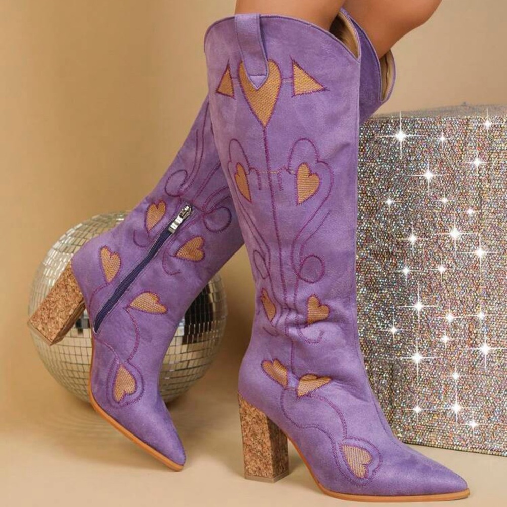 Purple Floral Faux Suede Cowgirl Boots